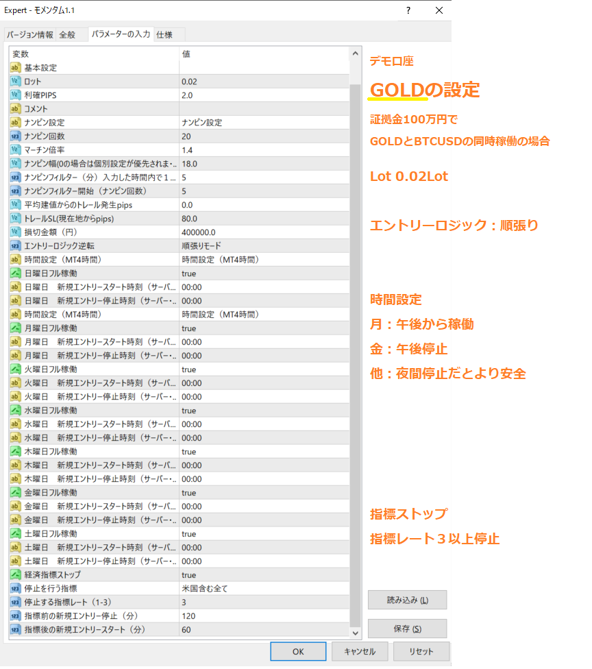 モメンタムGOLDパラメーター設定
